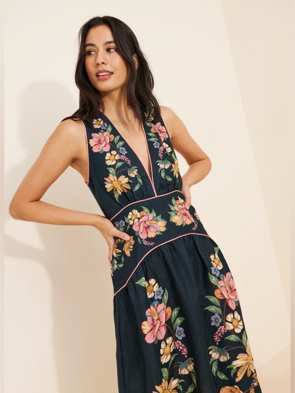 FARM Rio Maira Floral Dark Blue Linen Midi Dress Size Medium NWT - Picture 7 of 16